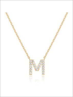 14K Gold Plated Initial M Pendant Necklace Cubic Zirconia 18"
